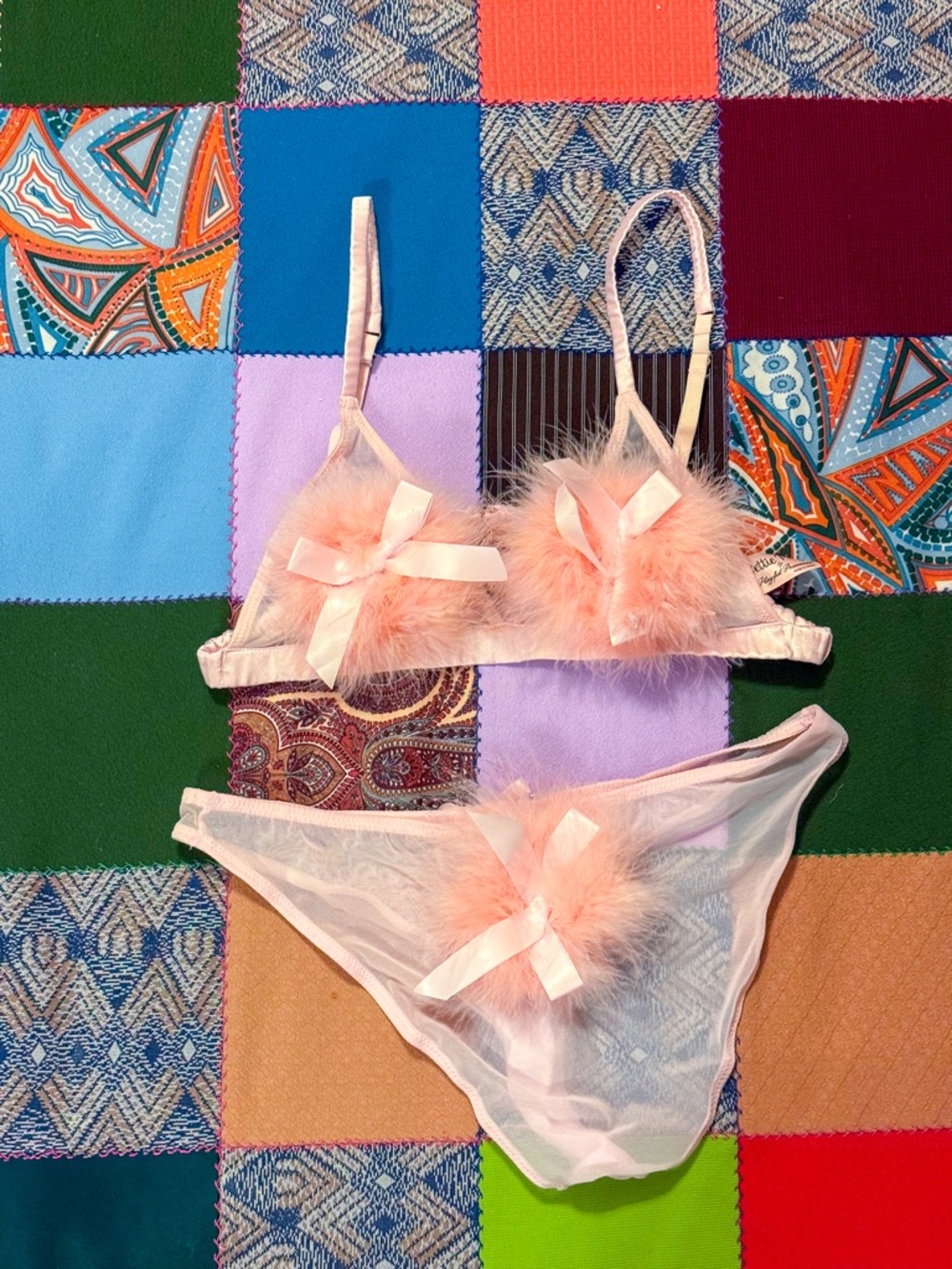 Bettie Page by Playful Promises Sheer Pink Feather Trim Lingerie Set Size 10US